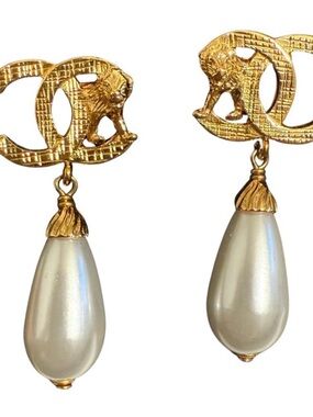 Chanel Gold Tone Lion Pearl Drop Earrings
